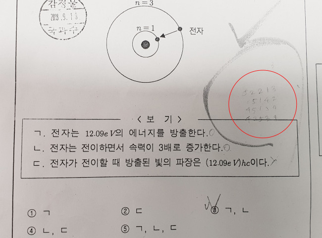 Answers are scribbled on the exam paper of one of the twins. (Yonhap)