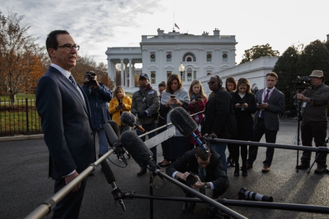 Treasury Secretary Steve Mnuchin talks with reporters about trade negotiations with China, at the White House, Monday, Dec. 3, 2018, in Washington. (AP)