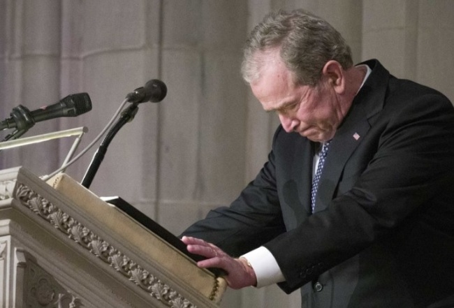 Former President George W. Bush becomes emotional as he speaks at the State Funeral for his father, former President George H.W. Bush, at the National Cathedral, Wednesday, Dec. 5, 2018, in Washington. (AP)