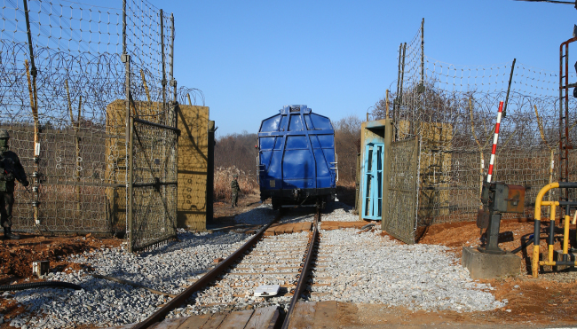 A train selected for the two Koreas` joint inspection of the Gyeongui Line, running through the west coast of the Korean Peninsula enters the demilitarized zone bisecting the Koreas on Nov. 30. (Yonhap)