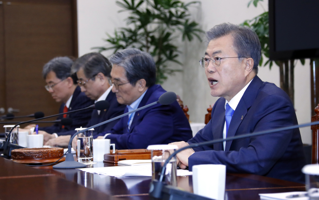President Moon Jae-in speaks at the National Security Council meeting on Monday. Yonhap