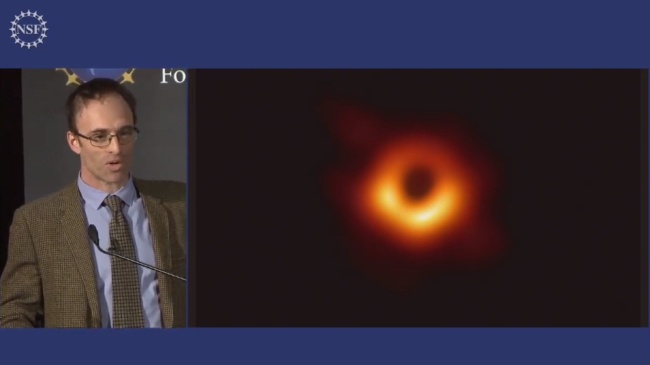 The US-based Event Horizon Telescope presents its first real image of a black hole in a simultaneous global press conference, starting at 13:00 UTC Wednesday. (Captured from the livestreaming at National Science Foundation's official YouTube channel)