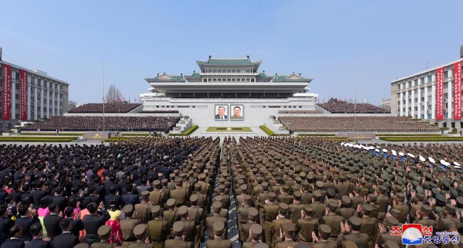North Koreans attend a national rally at Kim Il-sung Square in Pyongyang on April 13, 2019, to mark leader Kim Jong-un`s re-election as chairman of the State Affairs Commission in this photo provided by the Korean Central News Agency the next day. (For Use Only in the Republic of Korea. No Redistribution) (Yonhap)