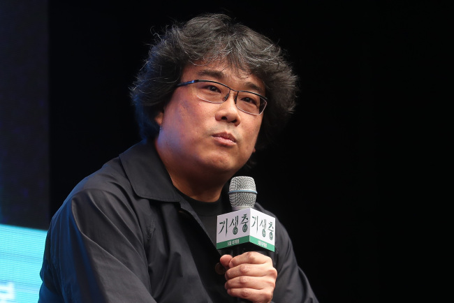 Film director Bong Joon-ho speaks during a press conference for “Parasite,” held at The Westin Chosun Seoul on Monday. (Yonhap)