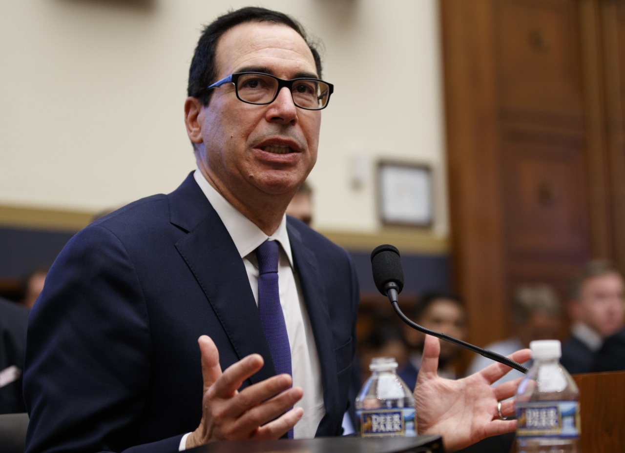 Treasury Secretary Steven Mnuchin testifies before the House Committee on Fina ncial Services on Capitol Hill in Washington, Wednesday. (AP-Yonhap)