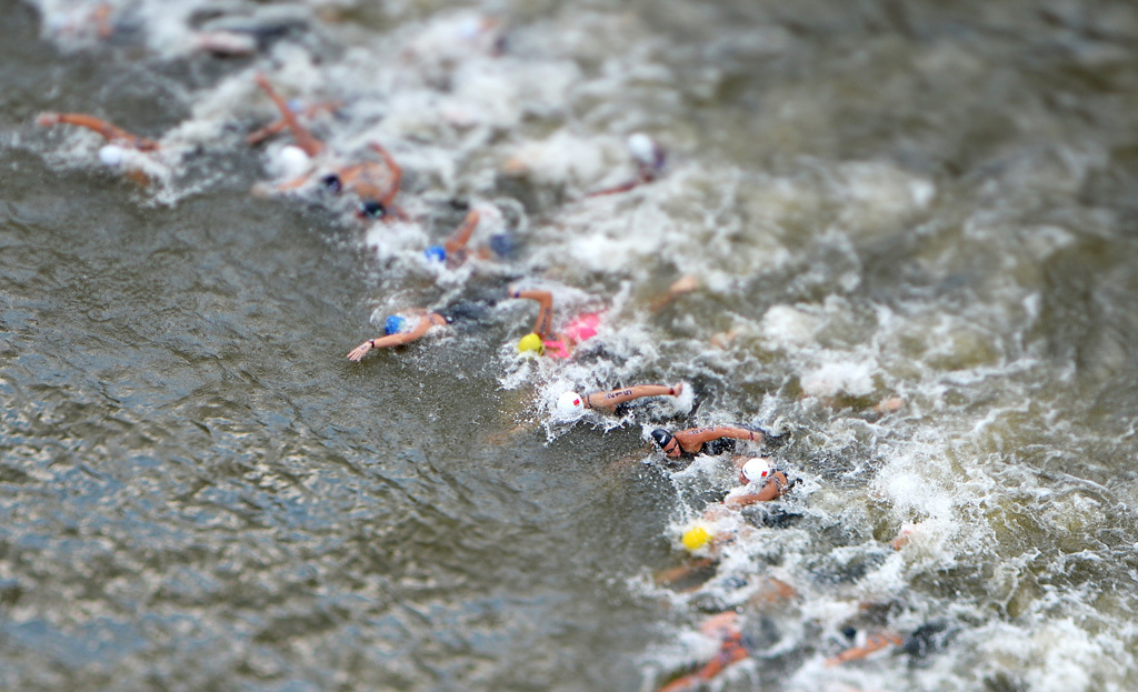 Athletes swim during the open-water event at the 2017 World Championships. (Organizing Committee of 2019 FINA World Championships)