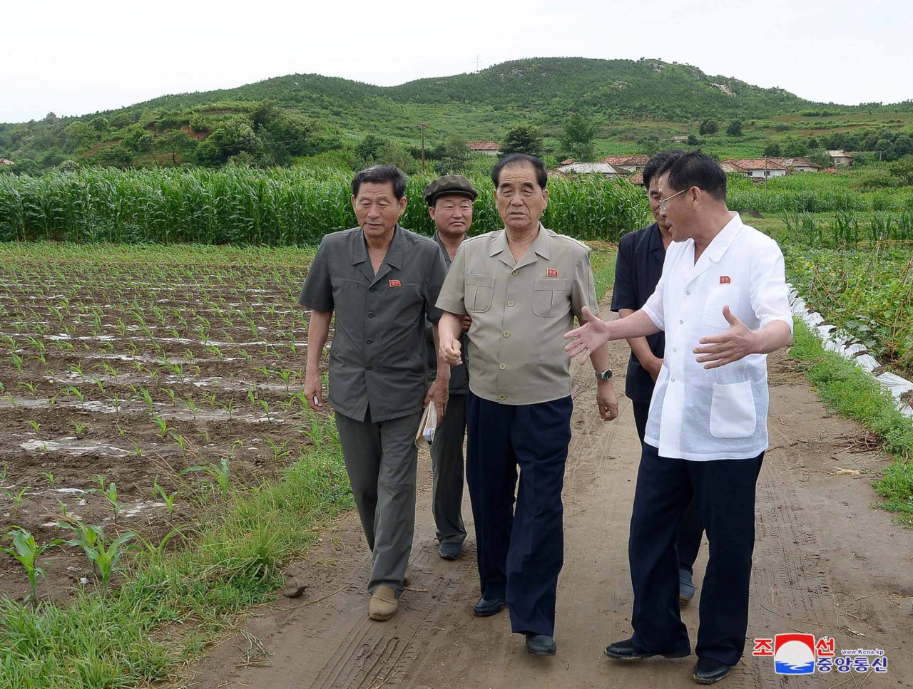 Pak Pong-ju, vice chairman of North Korea's State Affairs Commission, inspects a site for farmland and tideland reclamation in southwestern North Korea in this photo provided by the Korean Central News Agency on July 16, 2019. (Yonhap)