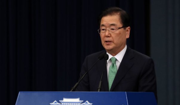 This photo, taken May 17, 2019, shows South Korea's top presidential security advisor, Chung Eui-yong, speaking during a press conference at the presidential office Cheong Wa Dae in Seoul. (Yonhap)