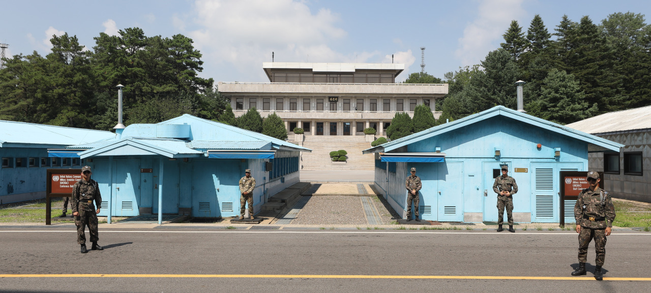 South Korean soldiers stand guard at Panmunjom at the inter-Korean border. Joint Press Corps