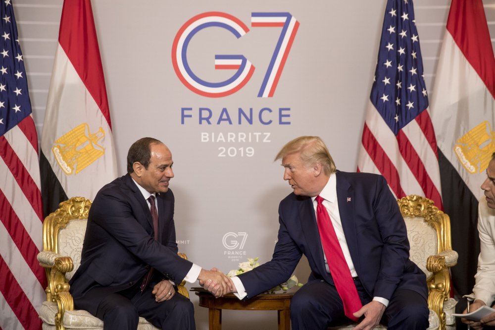 President Donald Trump and Egyptian President Abdel Fattah al-Sisi participate in a bilateral meeting at the G-7 summit in Biarritz, France, Monday, Aug. 26, 2019. (AP Photo/Andrew Harnik)