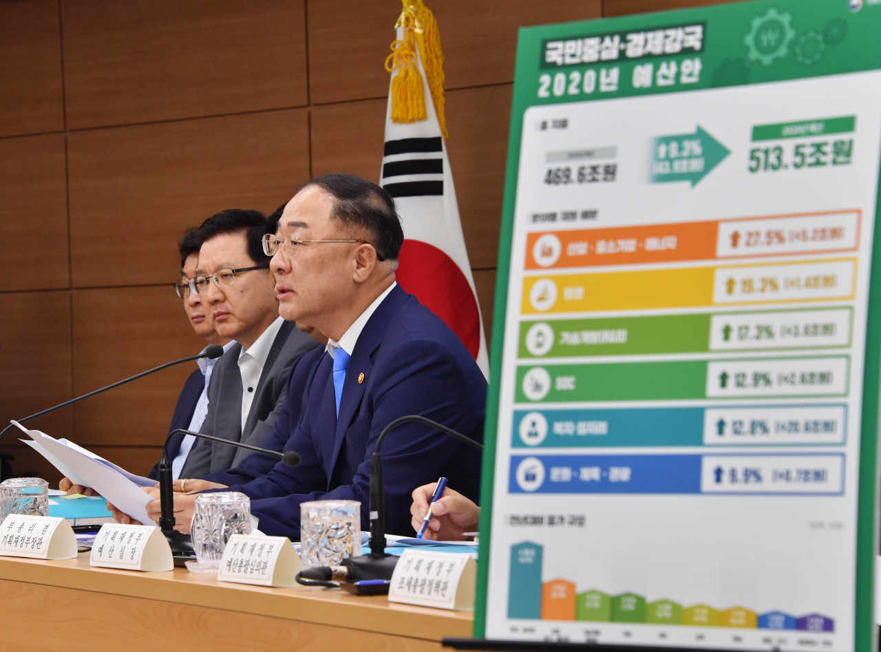 Deputy Prime Minister and Finance Minister Hong Nam-ki speaks at a press briefing on the government’s state budget bill for 2020. (Ministry of Economy and Finance)