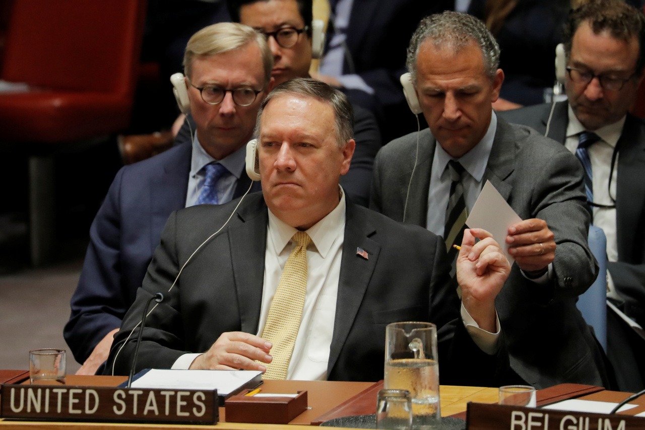 US Secretary of State Mike Pompeo attends a UN Security Council meeting on Aug. 20. Yonhap