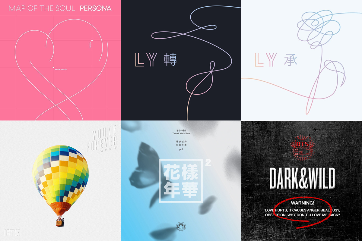 BTS albums (clockwise from top left) “Map of the Soul: Persona,” “Love Yourself: Tear,” “Love Yourself: Her,” “Dark & Wild,” “The Most Beautiful Moment in Life, Part 2” and “The Most Beautiful Moment in Life: Young Forever” (Big Hit Entertainment)