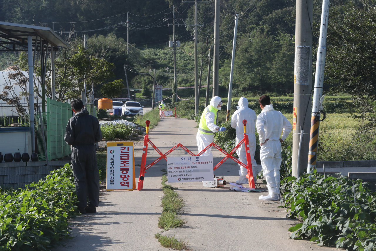 Quarantine officials restrict access to a pig farm in Paju, Gyeonggi Province, on Tuesday after the first case of African swine fever in the nation was confirmed at the farm. (Yonhap)