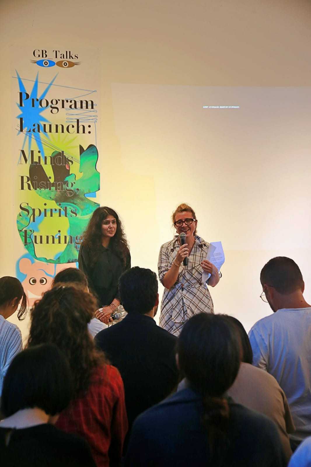 Defne Ayas (right) and Natasha Ginwala, co-directors of the 13th Gwangju Biennale speak during the event’s first official program, at an art studio in Gwangju on Tuesday. (Gwangju Biennale Foundation)