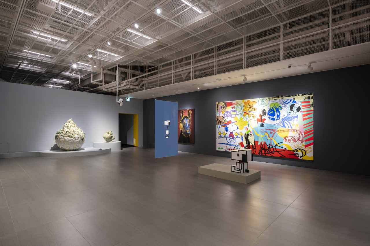 Installation view of a section featuring depictions of Peanuts characters by Korean artists, part of the exhibition “To the Moon With Snoopy” at the Lotte Museum of Art in Seoul (LMoA)