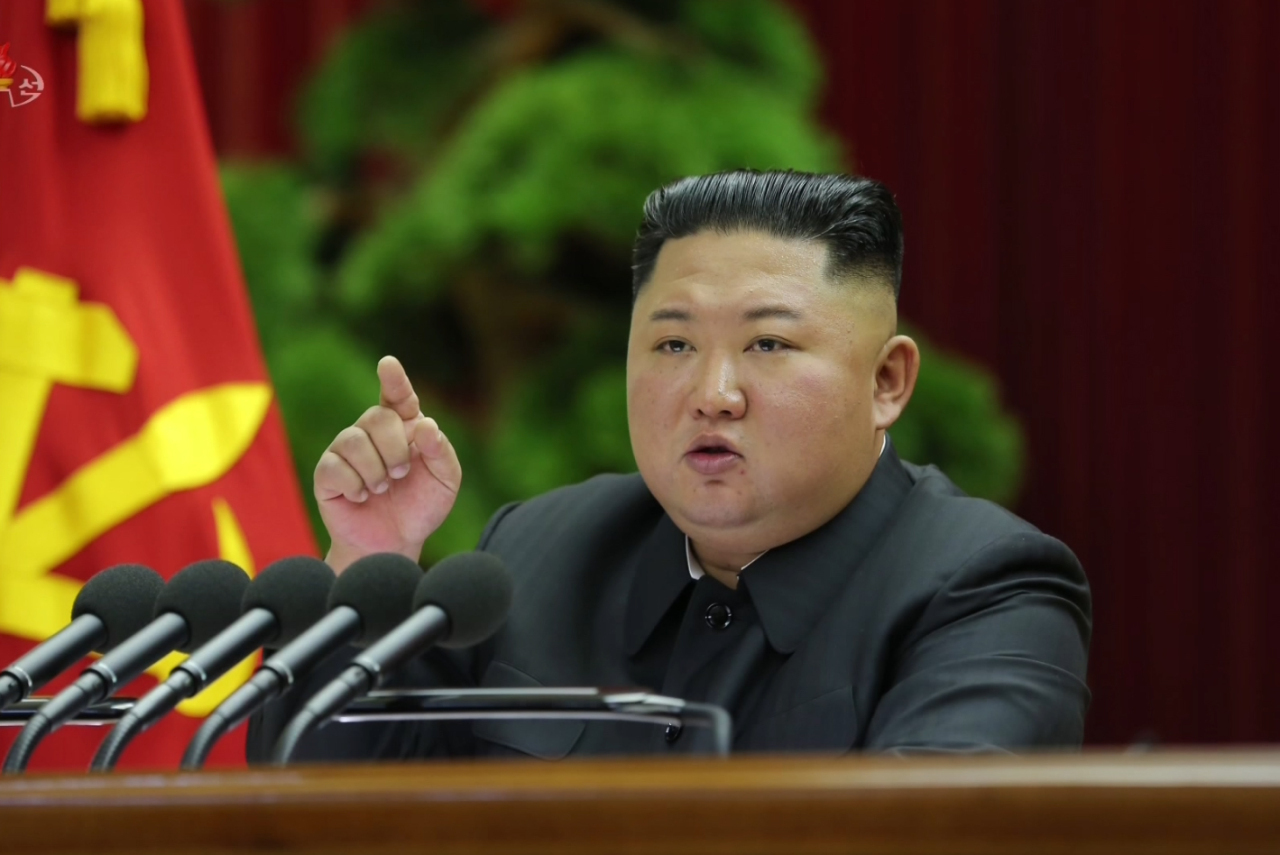 North Korean leader Kim Jong-un speaks during the fifth plenary meeting of the seventh central committee of the Workers’ Party of Korea on Dec. 29, 2019. (KCNA-Yonhap)