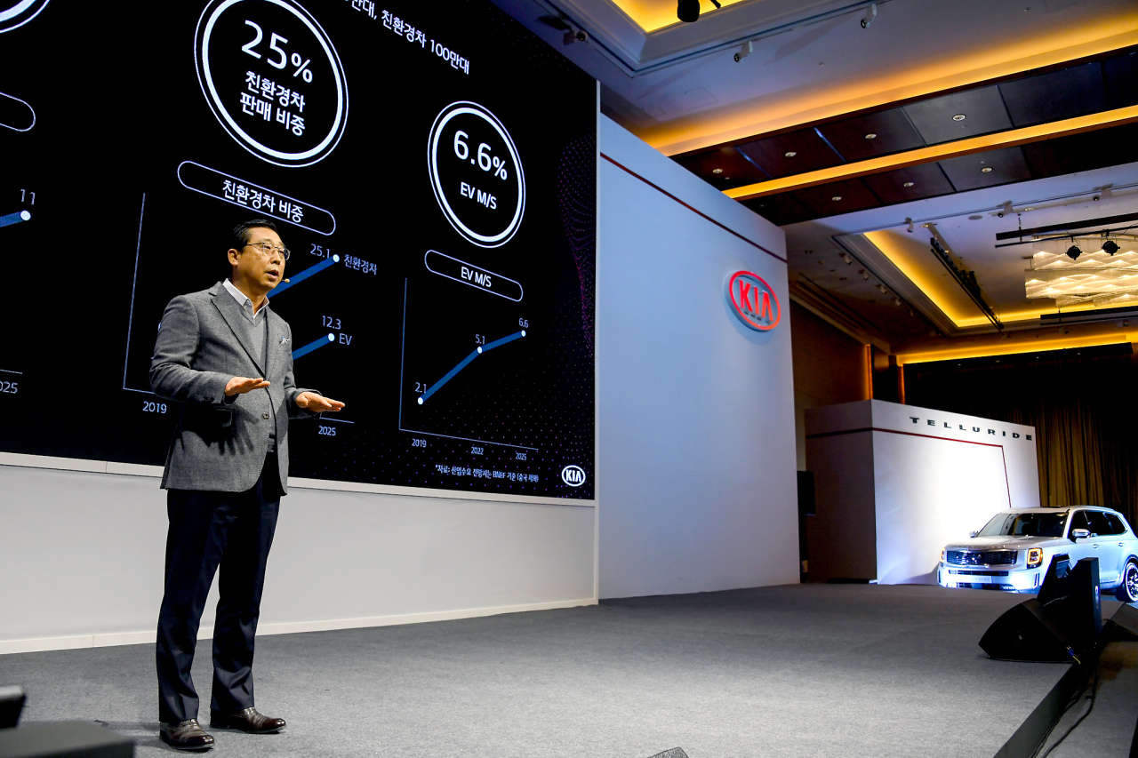 Kia Motors CEO Park Han-wu speaks during Kia Motor’s investor day in Seoul on Tuesday. (Kia Motors)