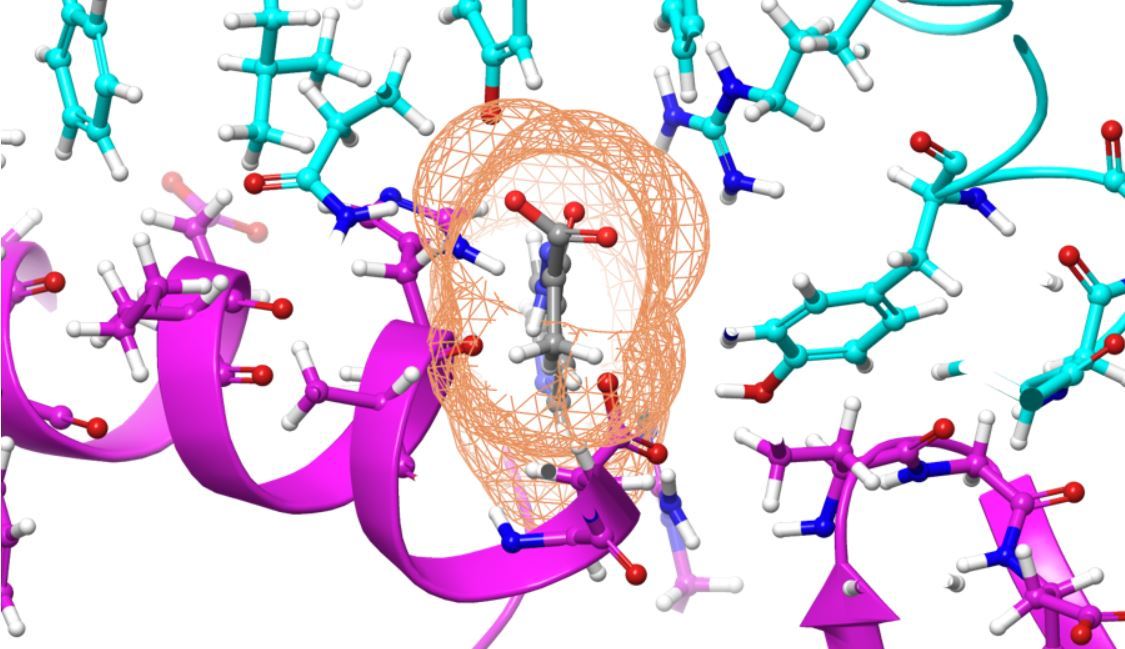 This image shows IBM Summit's use in digitally calculating a compound's preventive effects on SARS-CoV-2 infection that causes COVID-19 (Micholas Smith/Oak Ridge National Laboratory, US Deptartment of Energy)