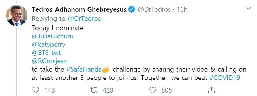 WHO Director-General Tedros Adhanom Ghebreyesus’ tweet, posted Saturday, nominating BTS and three others for the #SafeHands challenge. (Twitter)