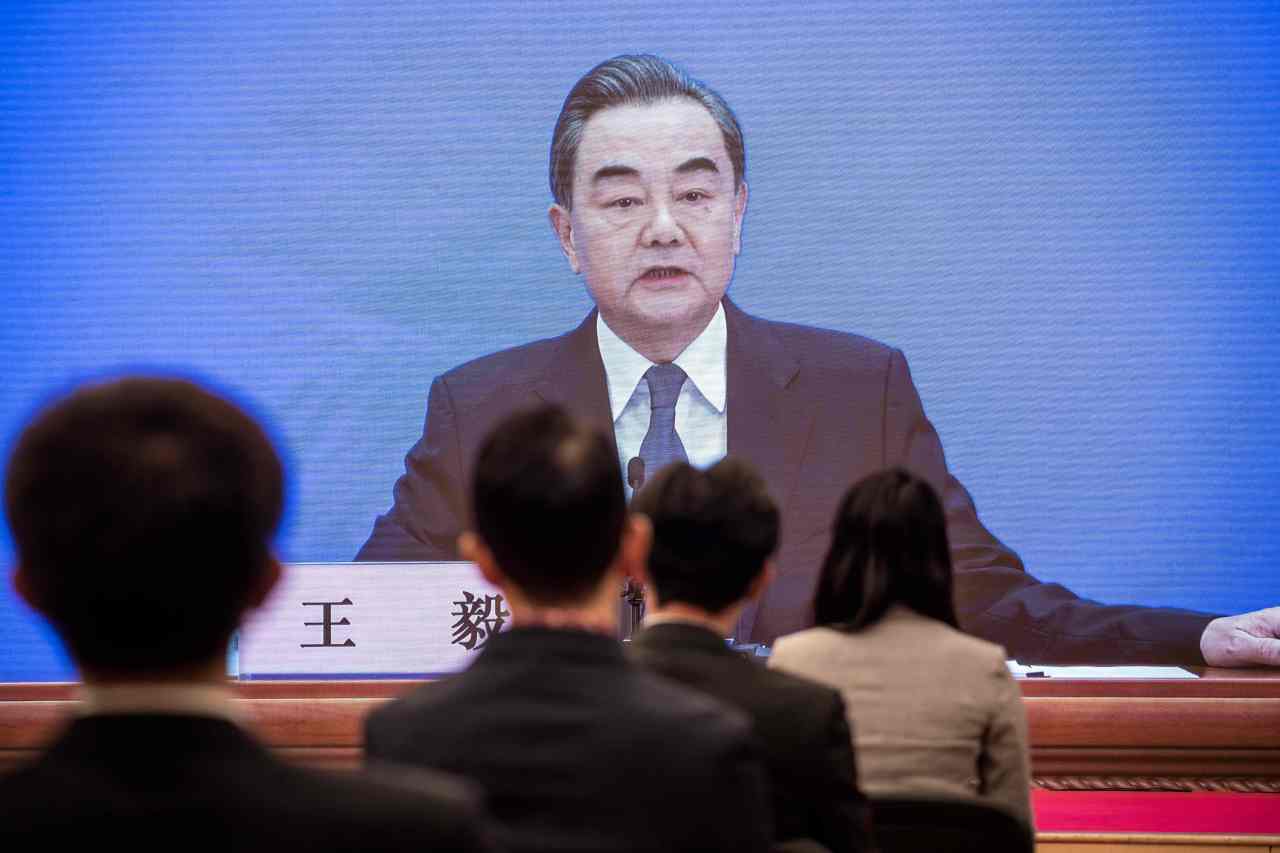 China's Foreign Minister Wang Yi speaks during his online video link press conference during the National People's Congress at the media centre in Beijing on Sunday (AFP-Yonhap)