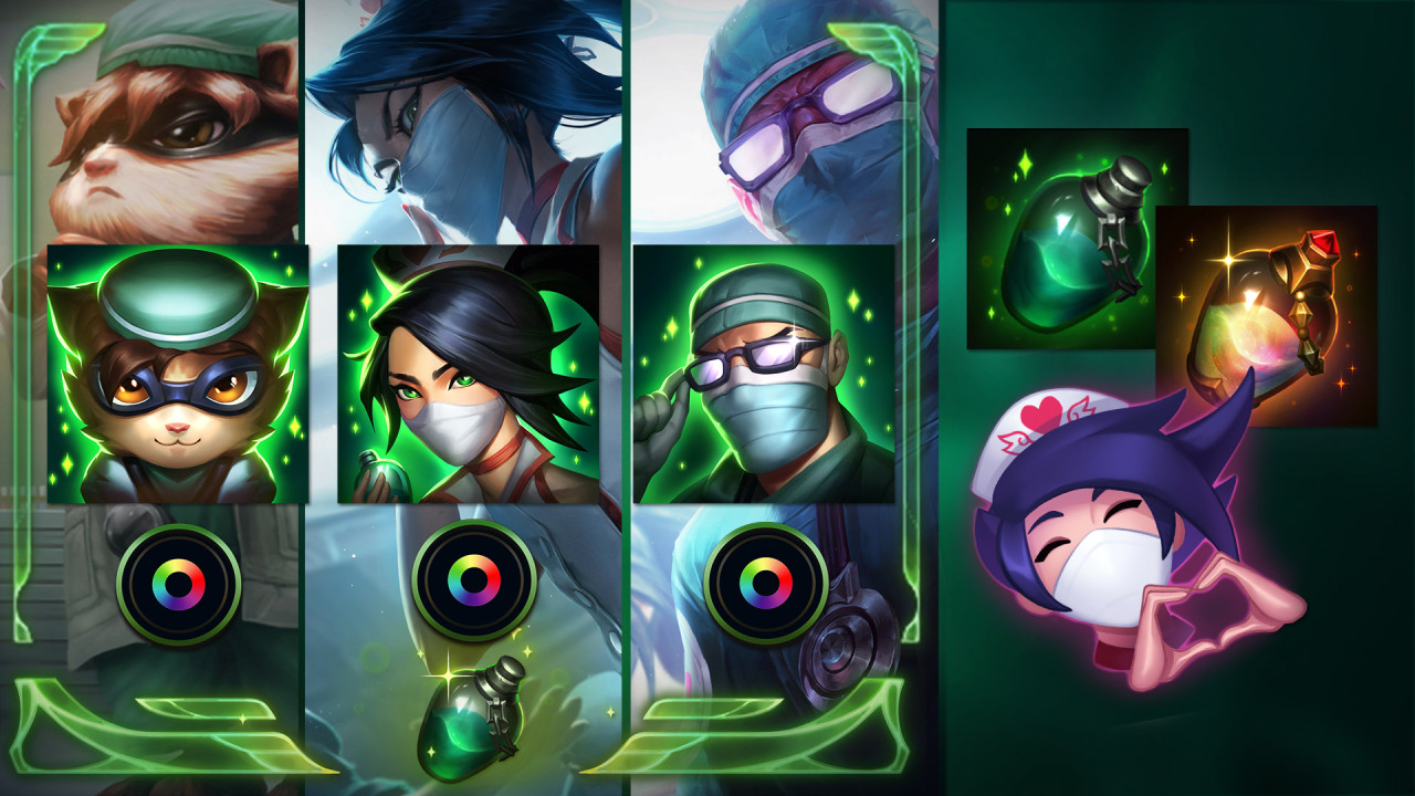 Champion skins and emoticons that Riot Games featured for COVID-19 relief (Riot Games)