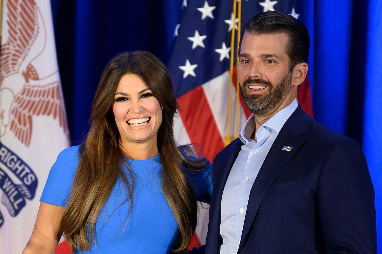 In this file photo taken on February 3, 2020 Donald Trump Jr. (R) and his girlfriend Kimberly Guilfoyle smile during a 