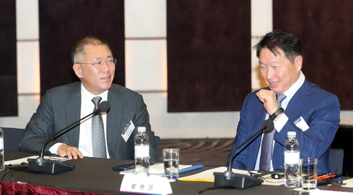 Hyundai Motor Group Executive Vice Chairman Chung Euisun (left) meets with SK Group Chairman Chey Tae-won in December. (Yonhap)