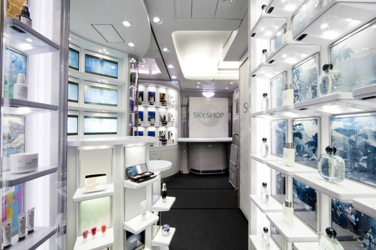 A promotional image of duty-free products on sale inside a cabin. (Korean Air)