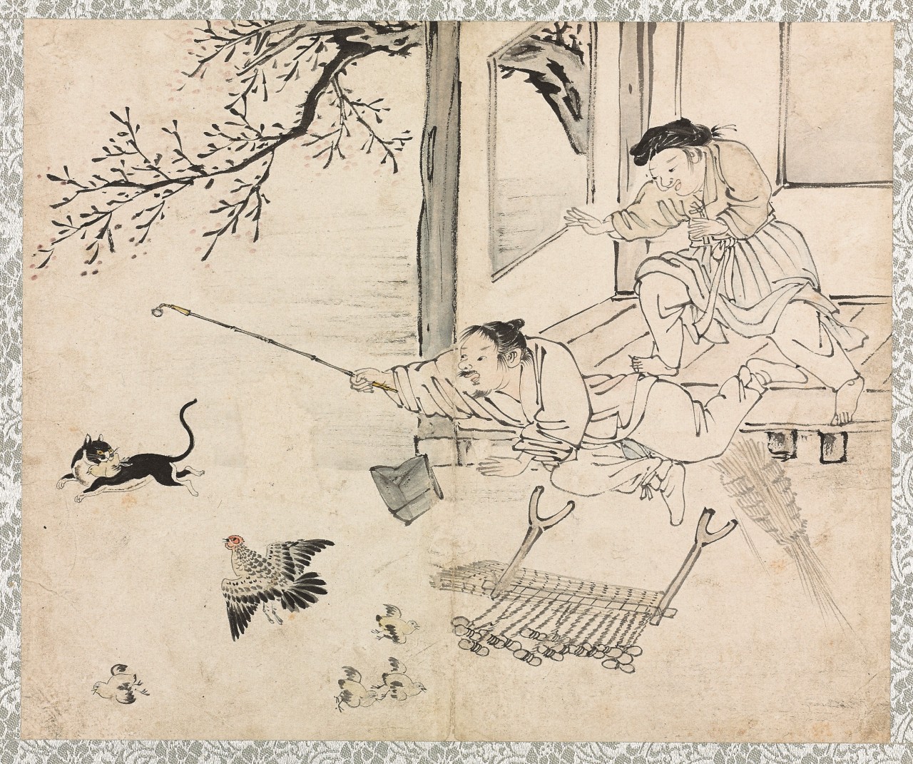 Pictured is a drawing of a cat snatching a chick, from Kim Deuk-sin’s “Album of Genre Paintings” from the Joseon era. The album is owned by the Kansong Art Museum. (CHA)