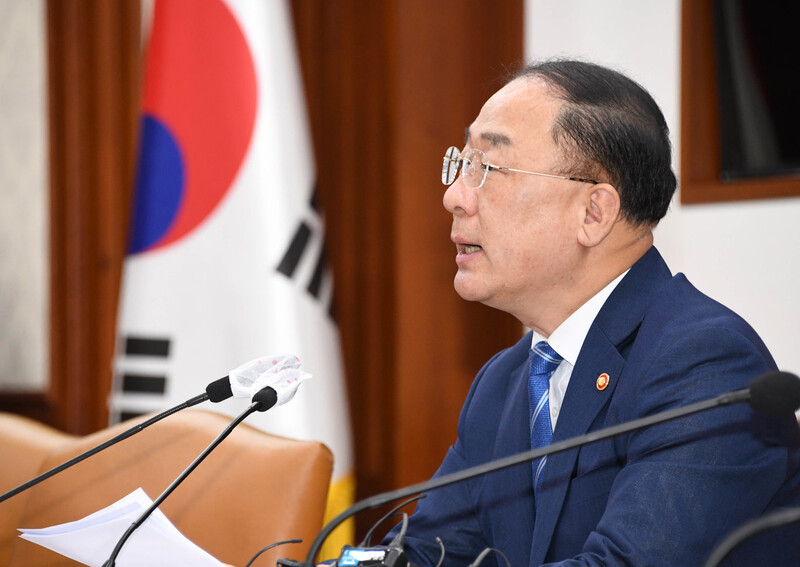 Deputy Prime Minister and Finance Minister Hong Nam-ki speaks about the progress of the government`s inspections of illegal property transactions at a meeting on Wednesday in Seoul. (The Ministry of Finance and Economy)