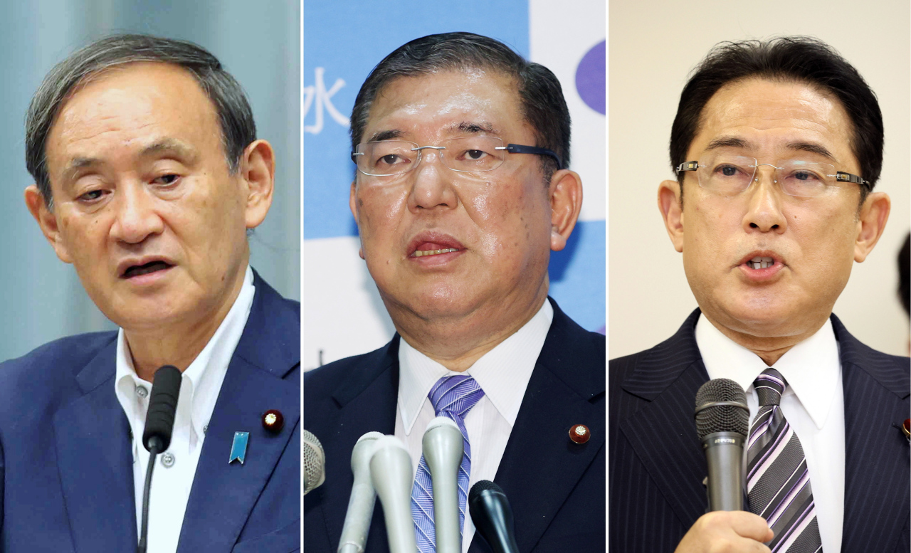 A combined photograph shows (L-R) Japan's Chief Cabinet Secretary Yoshihide Suga, Former Defense Minister Shigeru Ishiba, LDP policy chief and former Foreign Minister Fumio Kishida in Tokyo, Japan, 01 September 2020. According to media reports, Chief Cabinet Secretary Suga has a rising support from the ruling Liberal Democratic Party (LDP) lawmakers to succeed to outgoing Japanese Prime Minister Shinzo Abe. (AFP-Yonhap)