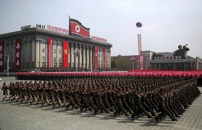 In this April 15, 2017, file photo, soldiers march across Kim Il Sung Square during a military parade in Pyongyang, North Korea. (AP-Yonhap)