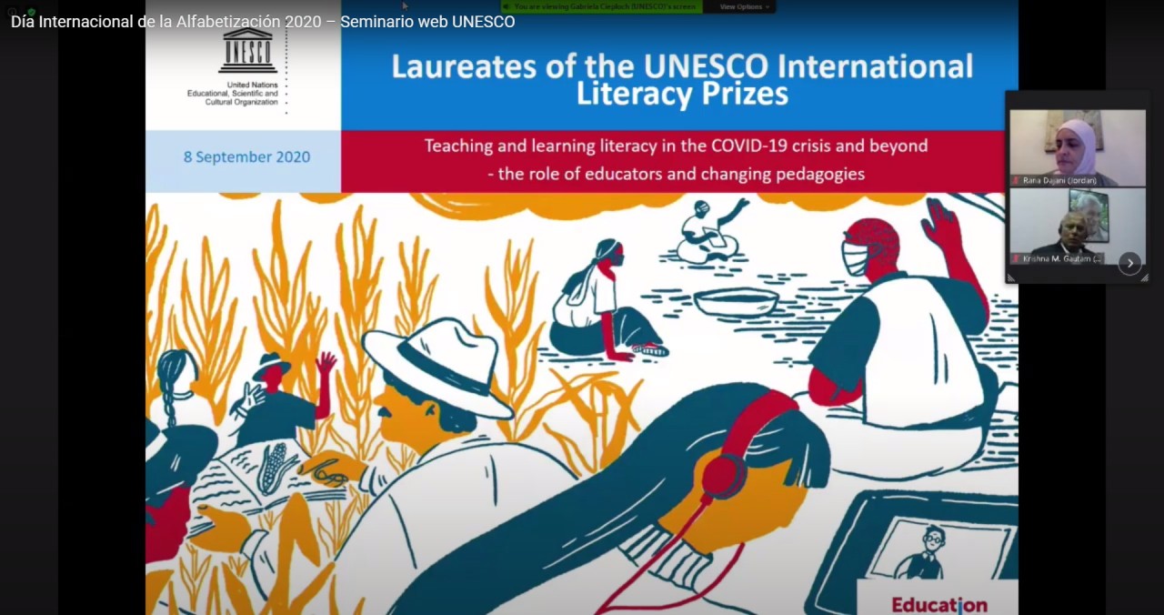 This screenshot shows the UNESCO King Sejong Literacy Prize award ceremony, which was held Tuesday via videoconference. (Ministry of Culture, Sports and Tourism)