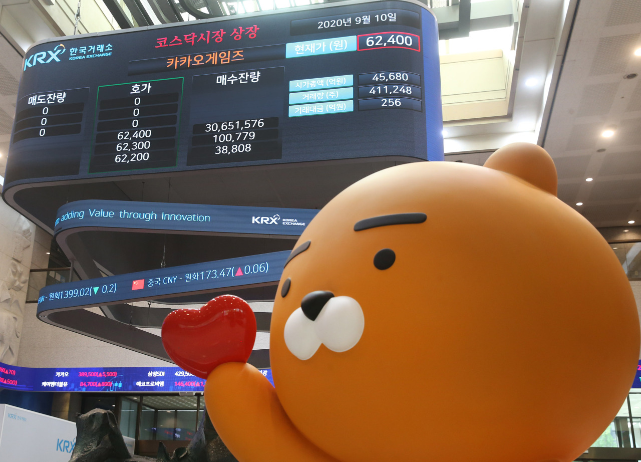 An electric board at the Korea Exchange shows shares of Kakao Games spiking to the daily permissible limit of 30 percent, with the brand’s character Ryan displayed underneath to celebrate the company’s market debut on the Kosdaq, Thursday. (Korea Exchange)