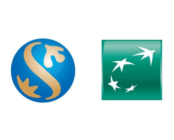 Logos of Shinhan (left) and BNP Paribas