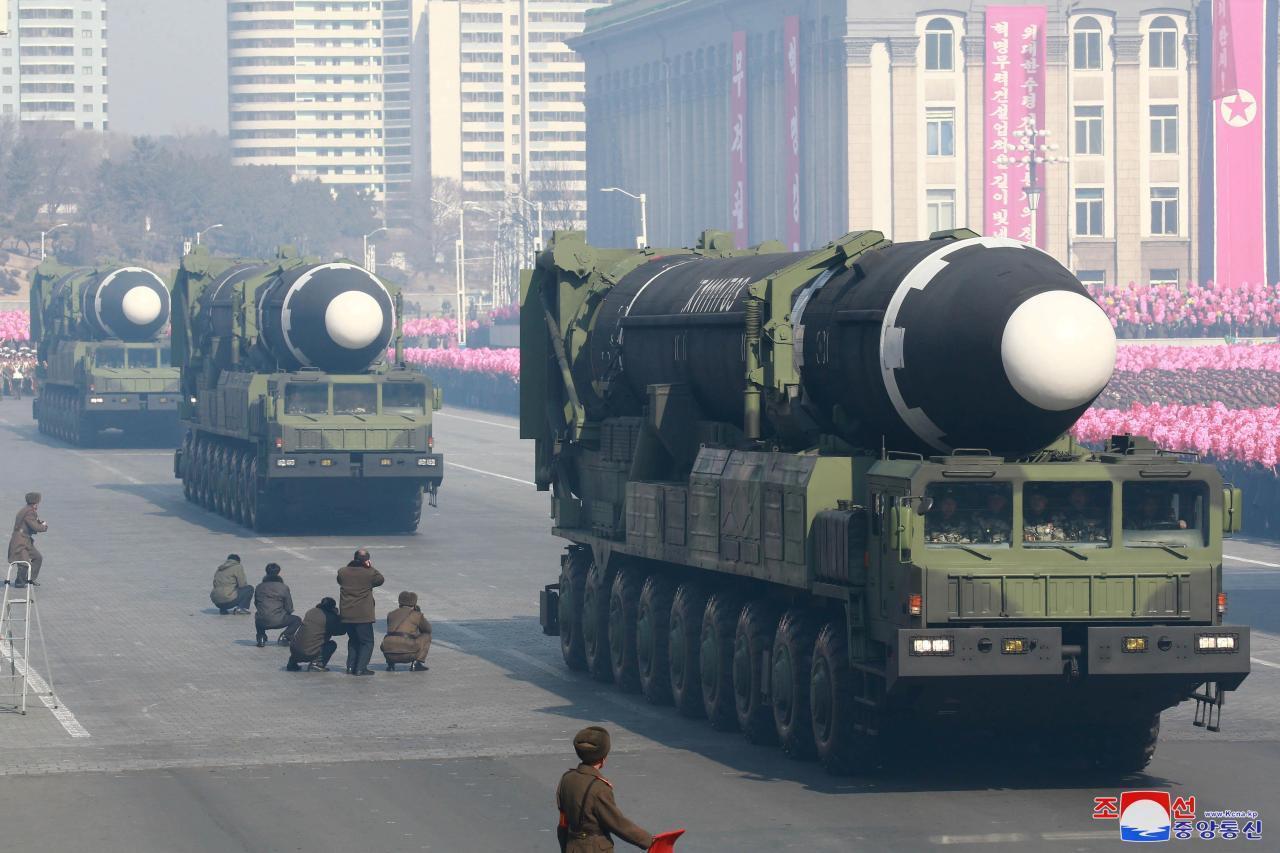 Intercontinental ballistic missiles, Hwasong-15, are seen at a military parade marking the 70th founding anniversary of the Korean People’s Army at Kim Il-sung Square in Pyongyang in February 2018. (KCNA-Yonhap)