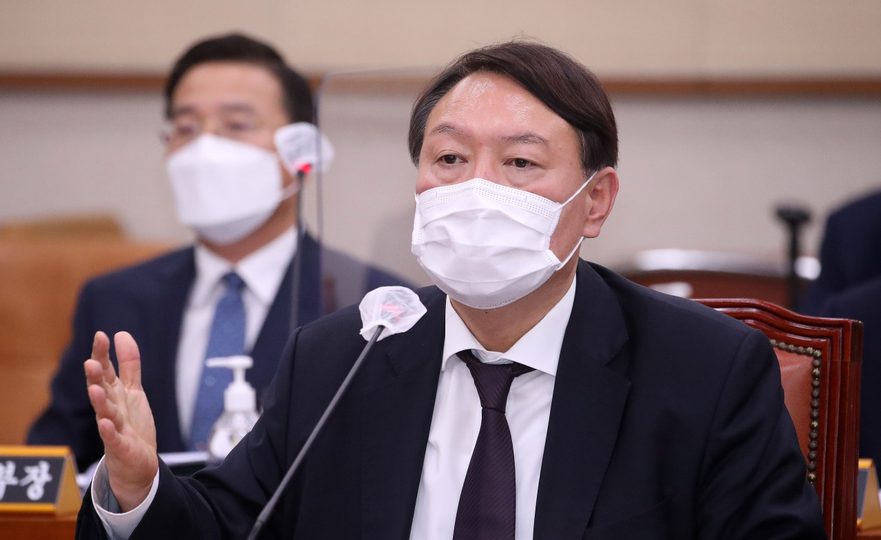 Prosecutor-General Yoon Seok-youl speaks at the parliamentary audit of the Supreme Prosecutors` Office on Thursday. (Yonhap)