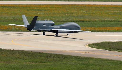 Global Hawk High Altitude Unmanned Aerial Vehicle (HUVA) taxiing at an Air Force base in Sacheon, South Gyeongsang Province. (Yonhap)