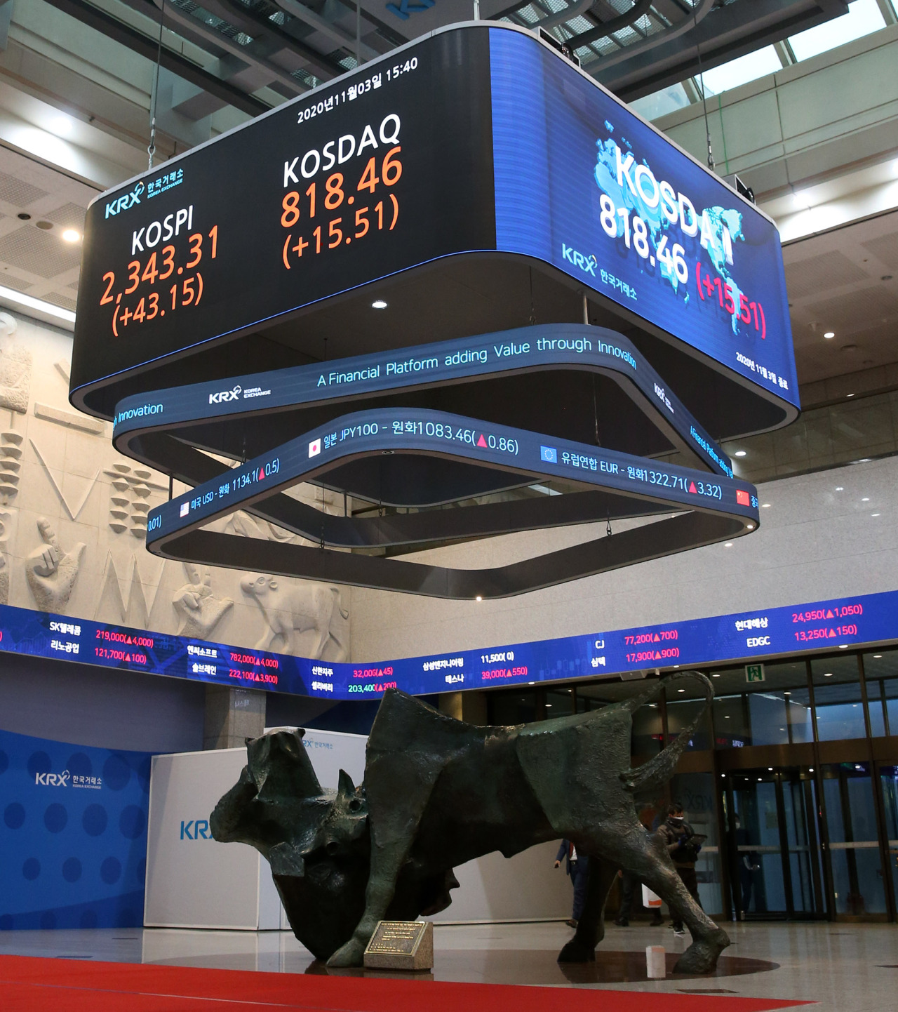 An electric board at the Korea Exchange shows the closing of the Kospi and Kosdaq on Tuesday. (Korea Exchange)