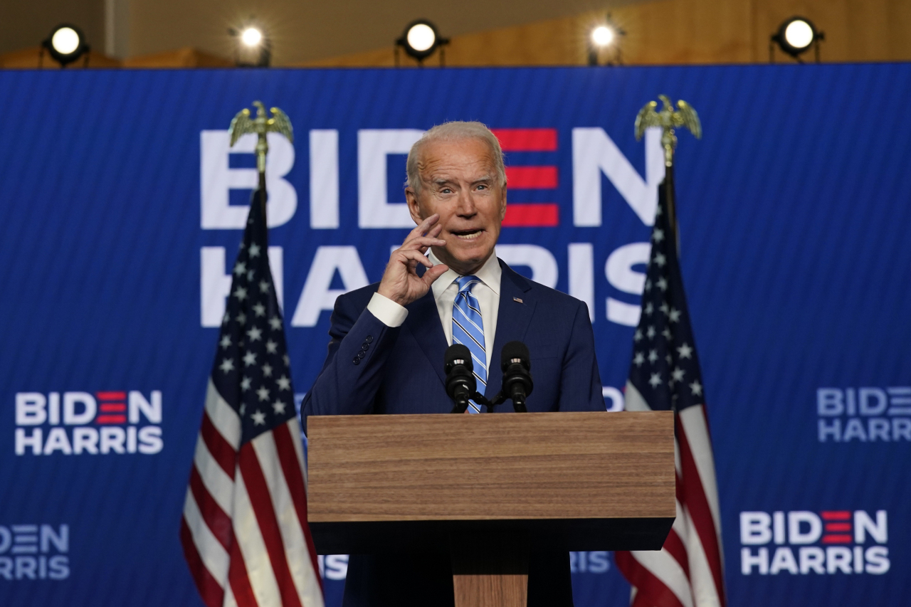 US Democratic presidential nominee Joe Biden speaks in his hometown of Wilmington, Delaware, US, November 4, 2020. (AP-Yonhap)