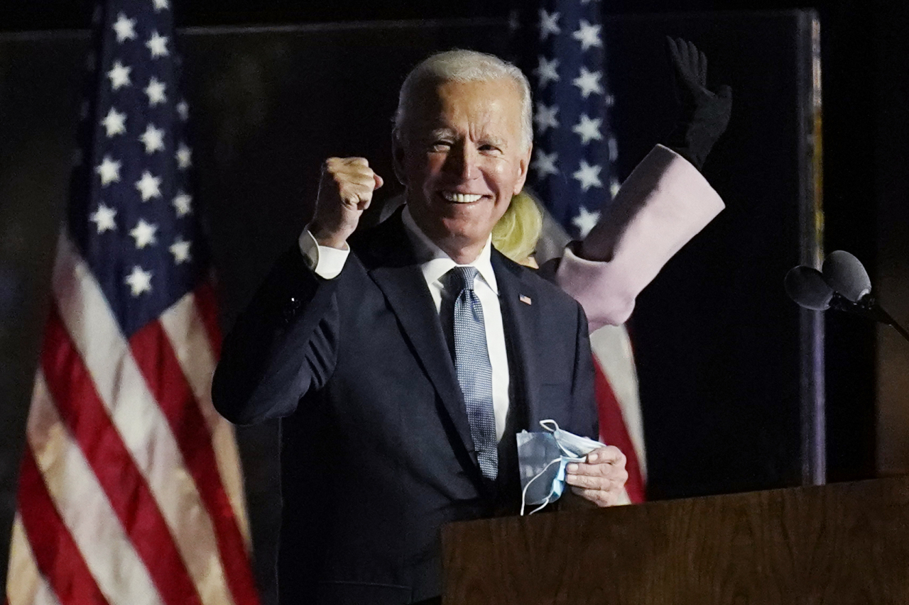 Democratic presidential candidate former Vice President Joe Biden speaks to supporters, early Wednesday, in Wilmington, Del. (AP-Yonhap)