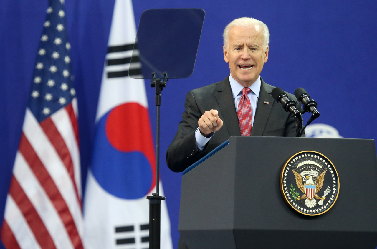 The US' 46th President-elect Joe Biden speaks at Yonsei University during his visit to Seoul in 2013, at the time as vice president for the Obama administration. (Yonhap)