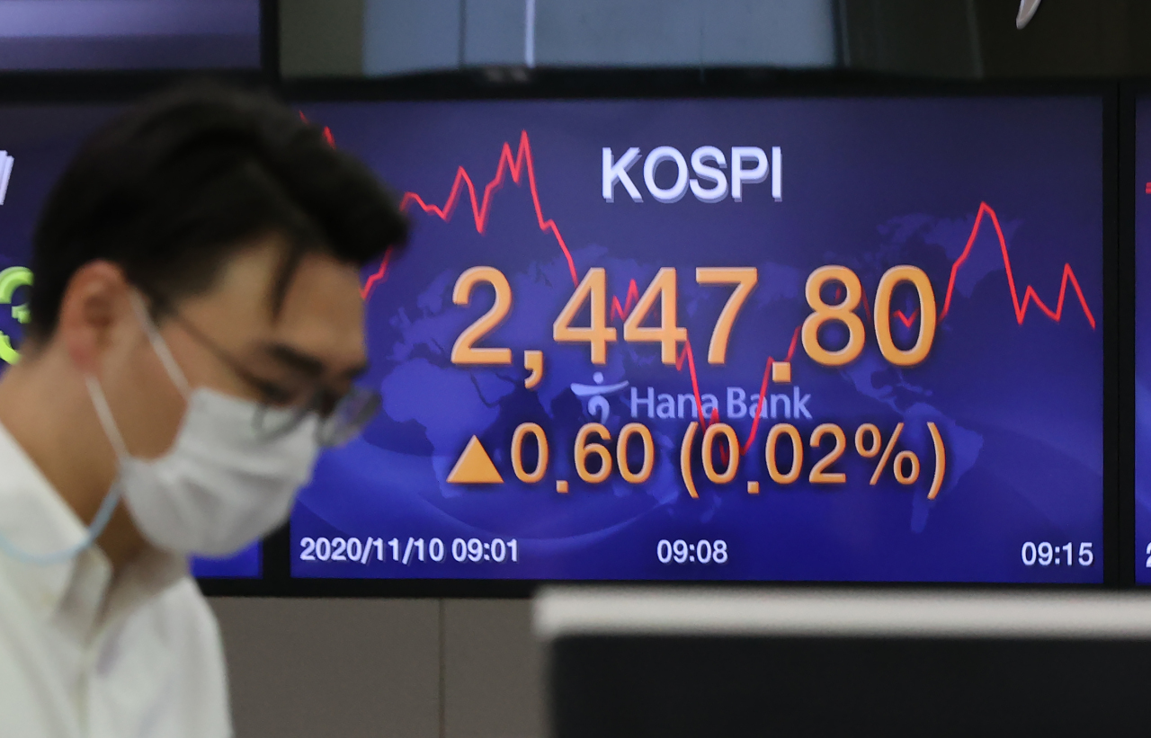 The benchmark Korea Composite Stock Price Index (Kospi) figures are displayed at a dealing room of a local bank in Seoul, Tuesday. (Yonhap)