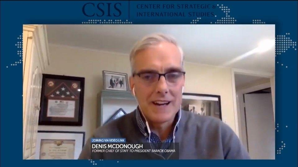 The captured image from the website of the Center for Strategic and International Studies shows former US National Security Adviser Dennis McDonough speaking in a webinar hosted by the Washington-based think tank on Thursday. (Screenshot captured from the Center for Strategic and International Studies website)