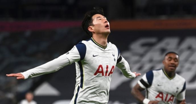 Son Heung-min of Tottenham Hotspur celebrates his goal against Manchester City during their Premier League match at Tottenham Hotspur Stadium in London on Saturday. (Reuters-Yonhap)