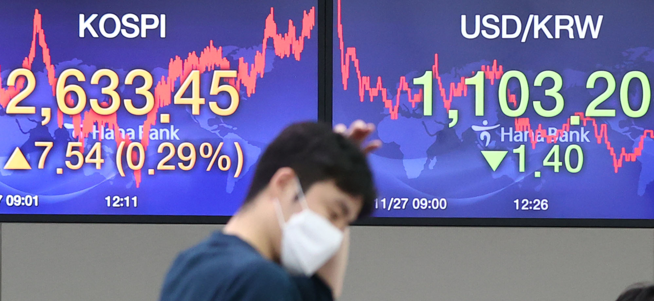 Electronic signboards at the trading room of Hana Bank in Seoul show the benchmark Kospi closed at 2,633.45 on Friday, up 7.54 points or 0.29 percent from the previous session's close. (Yonhap)