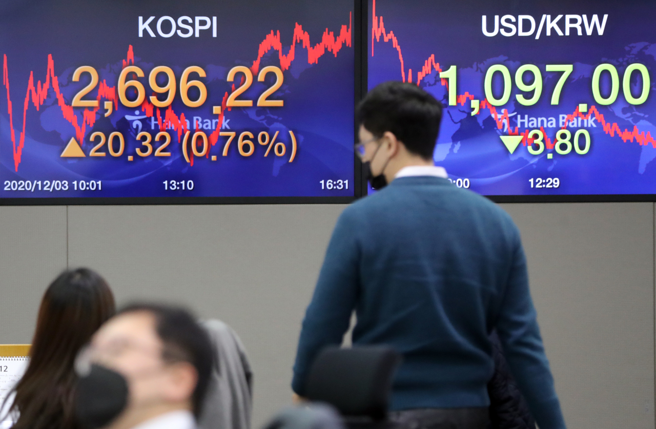 Electronic signboards at the trading room of Hana Bank in Seoul show the benchmark Kospi closed at 2,696.22 on Thursday, up 20.32 points or 0.76 percent from the previous session's close. (Yonhap)