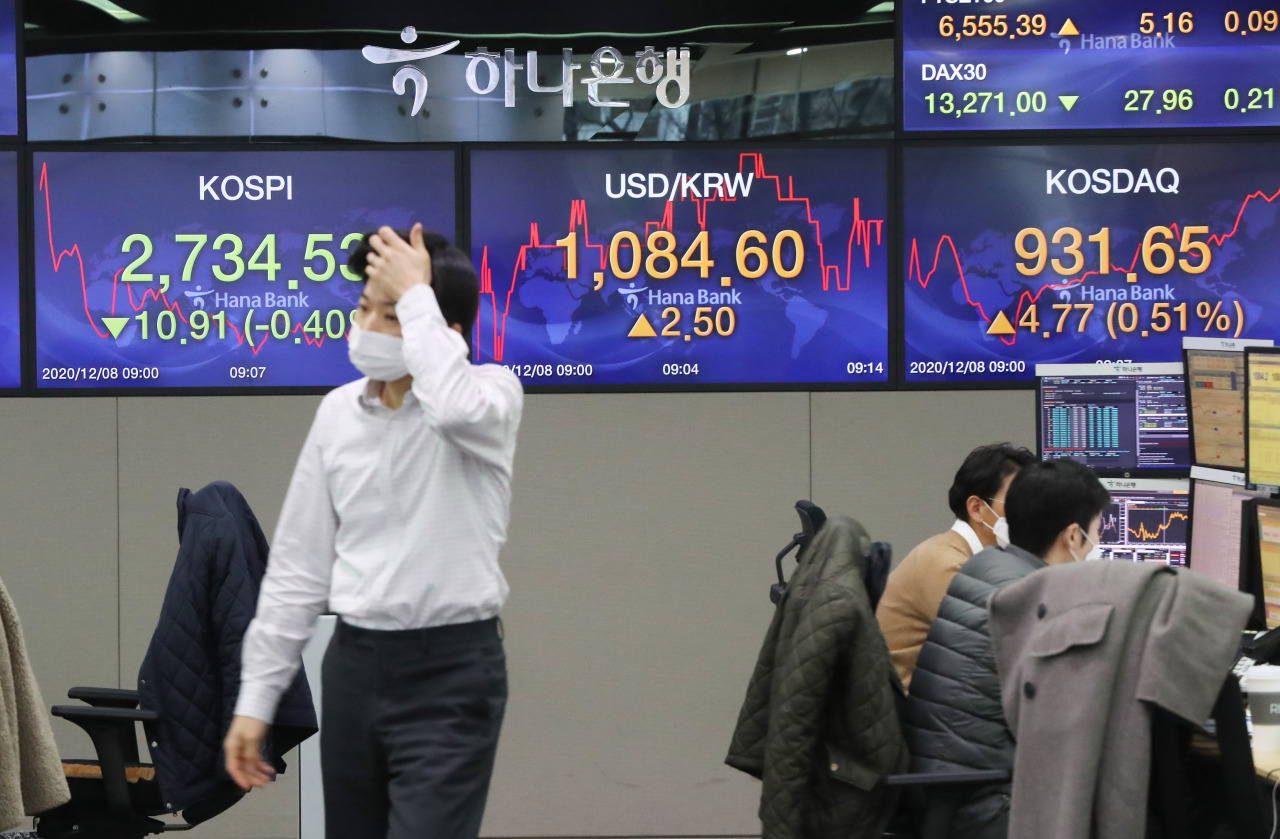 An electronic board at Hana Bank’s dealing room in Seoul shows that Kosdaq surpassed the 930-point mark in early trading on Tuesday. (Yonhap)