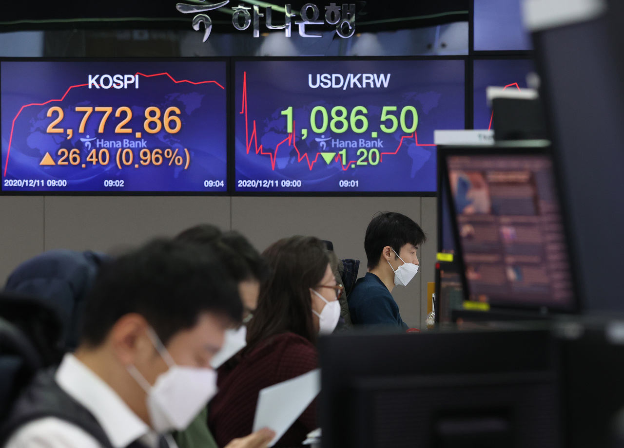 The benchmark Korea Composite Stock Price Index (Kospi) figures are displayed at a dealing room of a local bank in Seoul, Friday. (Yonhap)